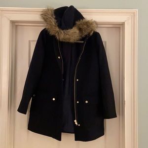 J. Crew Navy wool coat with faux fur hood Size 4 - best seller